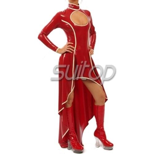 Suitop latex glued long dress red color with white trim