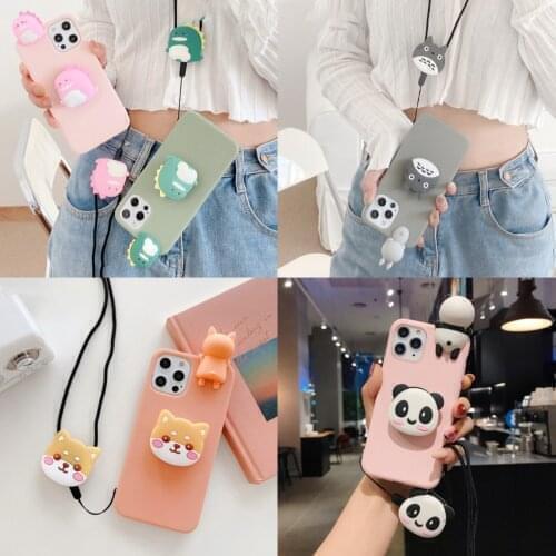 For Samsung Galaxy A7 A8 A9 A6 Plus J4 J6 J8 PLus A10 20s A20E M10 20 30 60s 80s Corgi Dinosaur Grip Stand Holder Rope Case