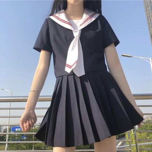 College Contrast Short-Sleeved Tops + High-Waisted Pleated Skirt JK Uniforms Suit Female Summer japanese school uniform