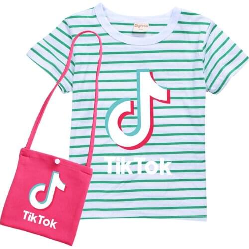 TIK TOK Summer Striped T Shirt + Bag Set Kids Girls Cute Print Cotton Sleepwear Baby Children Home Sleep Wear Clothes