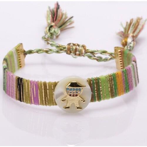 Small boy girl kid image gold charm ethnic boho bohemia soft cotton silk tassel wristband adjustable bracelet for woman mother