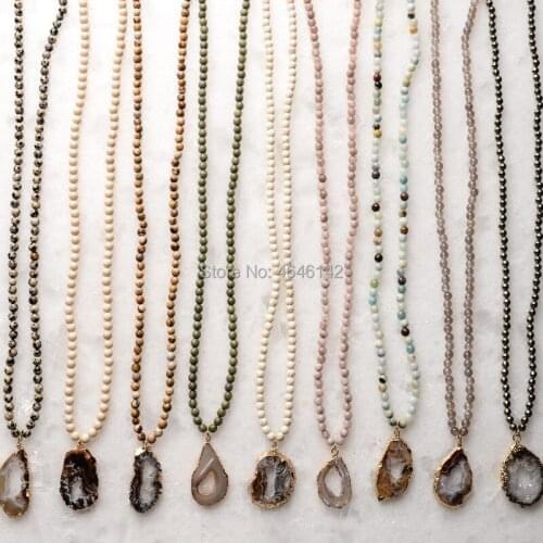 Fashion Bohemian Jewelry Natural AgateStones Knotted Round Stone Pendant Necklaces For Ethnic Necklace