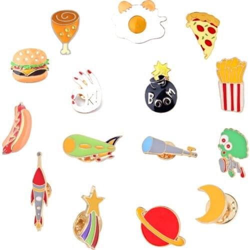 Pins Fashion Cartoon Brooch Burger Pizza Hot Dog Egg Leg Telescope Rocket Star Creative Enamel Pin Badge Charm Brooches Jewelry