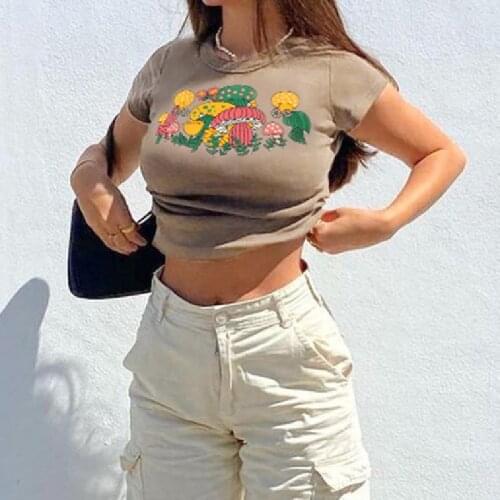 Cartoon Mushroom Print T-Shirt Women Ladies Short Sleeve Round Neck Casual Wild Slim Shirt Summer Daily Harajuku Crop Top