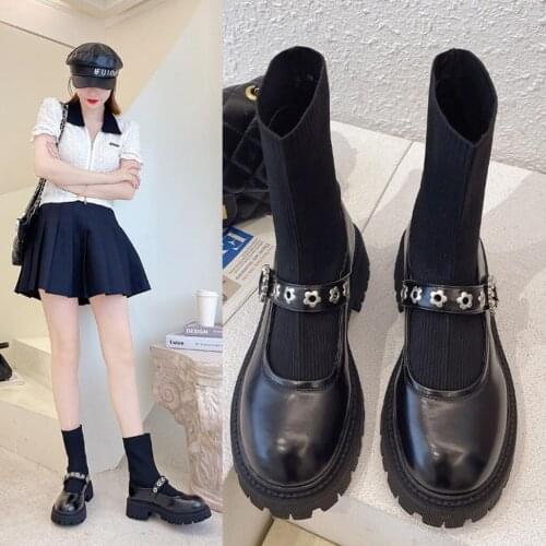 Autumn Platform Socks boots Women Thick-Soled Casual Knitteds Stretch Mary Jane Leather Shoes Women Crawlers Students Jk Booties