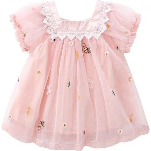 Girls Dresses Summer Cute Lace Embroidery Lantern Sleeve Infant Clothes Baby Ball Gown 0-4Y pink white