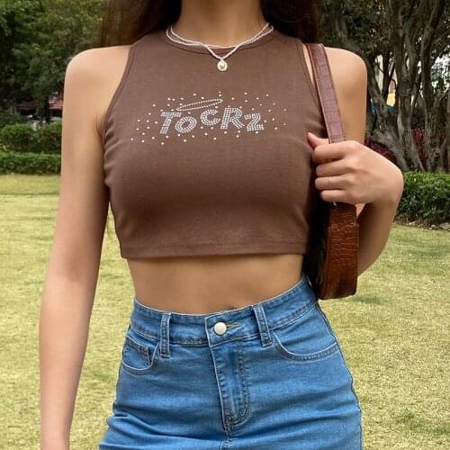 SEASONS Crystal Brown Casual Y2K Sleeveless Tanks Camis Fashion Skinny Corset Crop Tops Tees Streetwear Summer Croptop ASVE82650