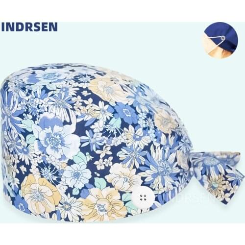 Floral Nurses Working Cap Printed Women Men Cotton Lab Pet Clinic Dentist Pediatrician DustProof Nursing Caps with Buttons