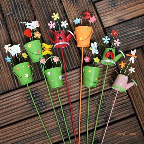 Fairy Garden Miniature Painted Tin Bucket and Watering Can Picks Miniature Garden Decorative Picks Flower Pot Metal Crafts Decor