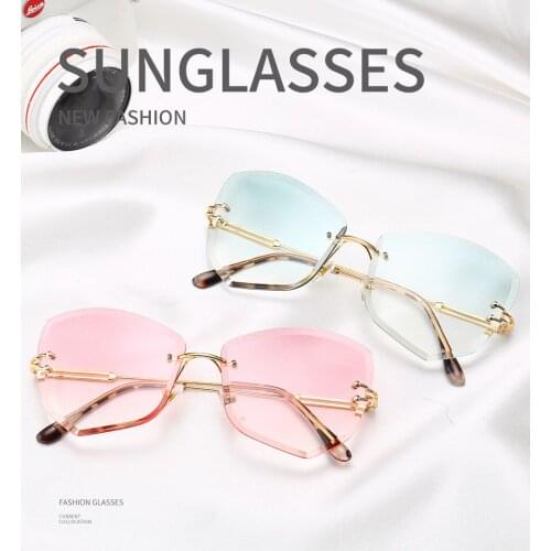 Fashion Metal Women Pink Cateye Gradient Sunglasses Rimless Cat Eye UV400 Glasses