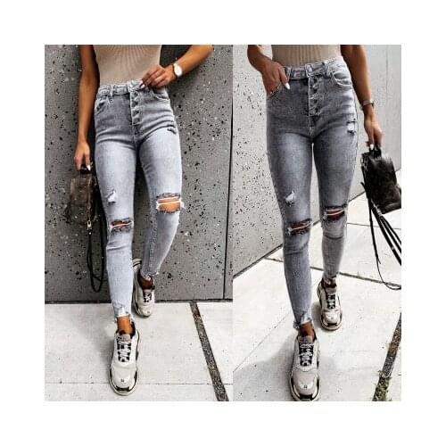 Stylish Gray Skinny Jeans Women Streetwear High Waist Ripped Holes Pencil Jeans Stretchable Female Jeans Summer Women Pants