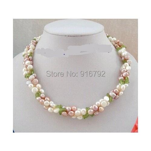 YH@CS >>>3strands 8mm white purple baroque freshwater pearls green peridot necklace
