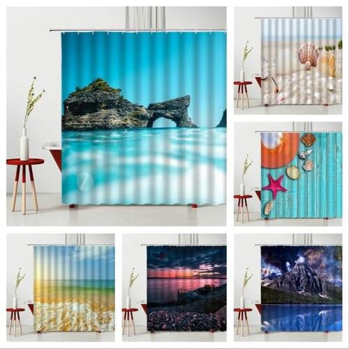 Ocean Scenery Shower Curtain Shell Beach Sea Turtle Cruise Ship Sunshine Household Bathtub Decoration Polyester Fabric
