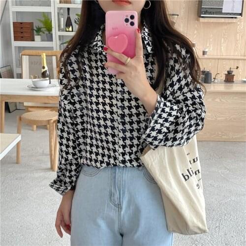 HziriP Turn-Down Collar Women Shirt Full Sleeve Button Plaid Shirt Korean Retro 2021 Autumn All-Match Loose Fashion Elegant