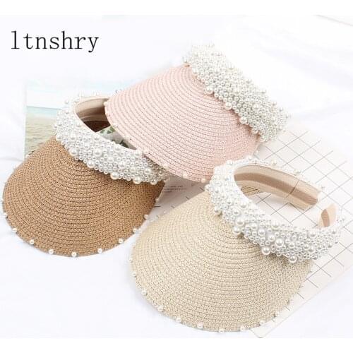 2019new Summer Fashion Women Handmade Sewing Pearl Headband Hat Raffia Visor Cap For Fashion Girls Beach Hat Lady Straw Sun Hat
