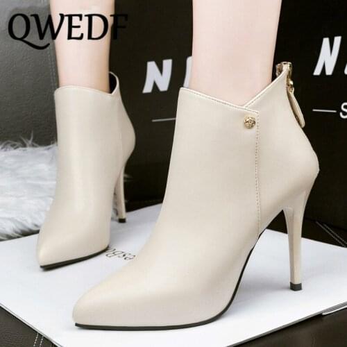 QWEDF Women Ankle Boots PU Leather Pattern Pointed Toe zipper High Heels Shoes Spring/Autumn Sexy Fashion Chelsea Boots MC-87