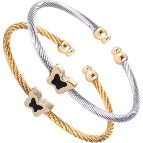 Chran Enamel Butterfly Design Stainless Steel Cable Wire Bangles for Women