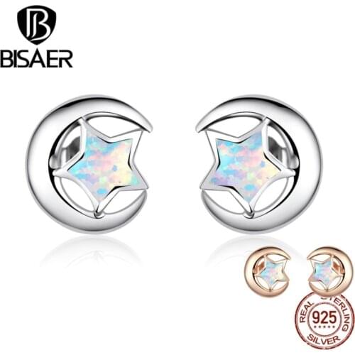 Opal moon earrings bisaer hot sale 925 Sterling silver star and moon small women earrings for women fashion jewelry ECE816