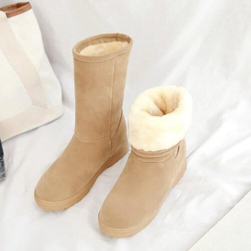 YMECHIC Plus Size Nubuck Suede Warm Winter Shoes Woman Boots Slip on Black Yellow Flat Heel Plush Thicker Mid Calf Snow Boots