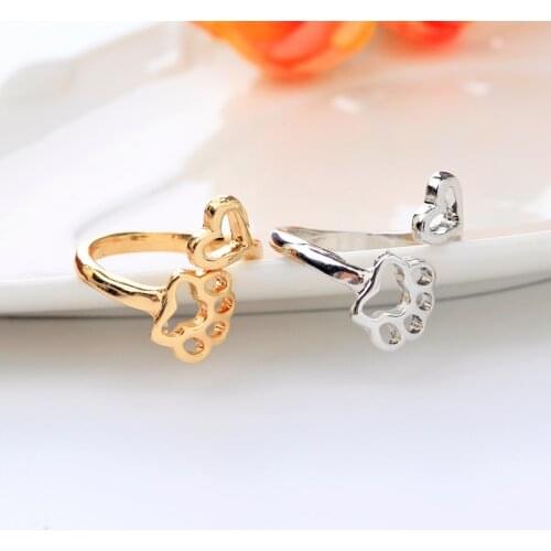 Simple adjustable hollow Pet paw prints heart rings women animel Dog Cat lover Ring men Cute Puppy Paw Memorial Ring Jewelry