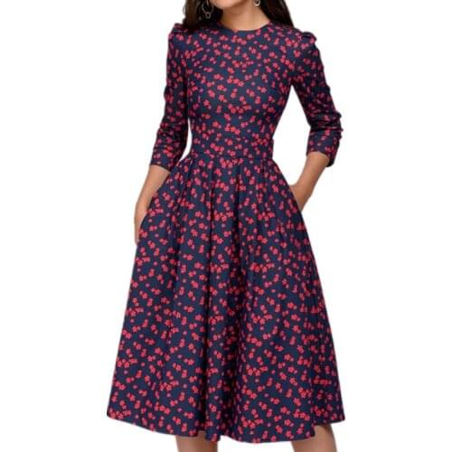 2019 Vintage printing party vestidos Three Quarter Sleeve women Slim Autumn Winter Dress Women Elegant A-line Dress