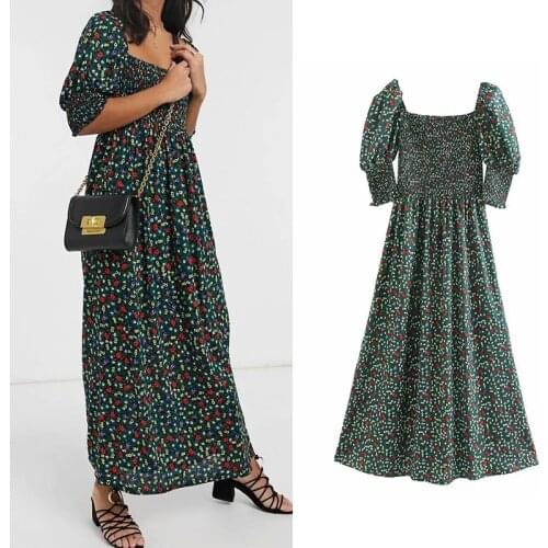 Women dress za 2020 floral print square collar dress short sleeve chic vintage ankle-length dresses female elegant vestidos
