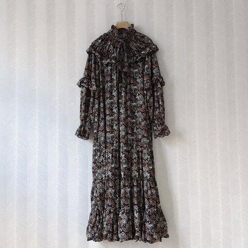 Autumn New Designer Womens vintage Ruffles dress High Quality long sleeves loose dress C931