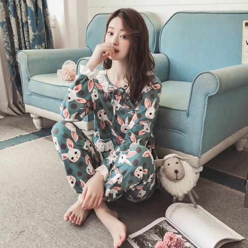 Cartoon Spring Long Sleeved Cotton Vintage Womens Pajamas Set Sleepwear Girls Pyjamas Mujer Lady Casual Home Clothing AD089