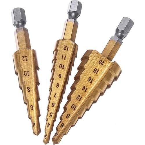 3Pcs Titanium Step Cone Drill Two Flute Hex Shank HSS Drill Bit Hole Cutter Woodworking Metal Drilling Set DIY Construction Tool