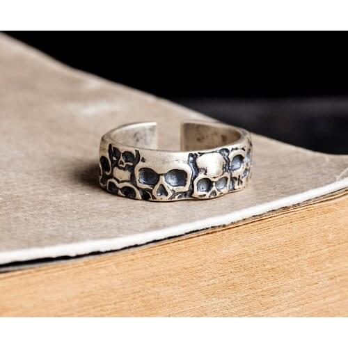 925 Sterling Silver thai Men women retro biker skull ring adjustable jewelry A4226