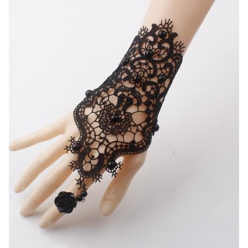 Bride Black Gloves Ladies Lace Rose Pendant Gloves With Ring Women Charming Gloves Wedding Performance Cosplay Party Accessories
