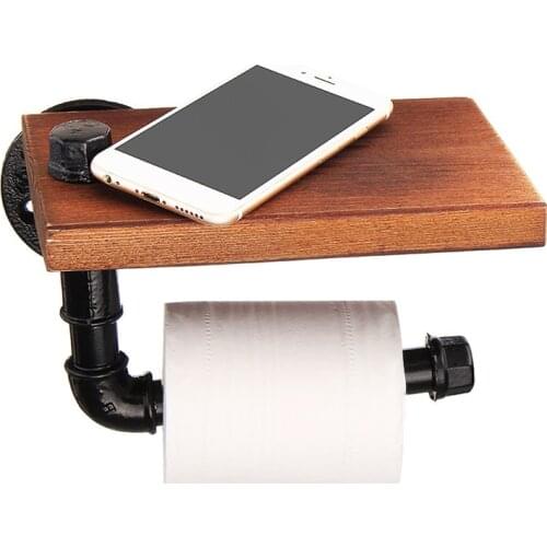 Bathroom Shelves Industrial Retro Iron Toilet Paper Holder Bathroom Hotel Roll Paper Tissue Hanging Rack Wooden Shelf Holder