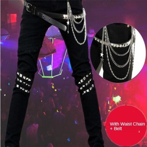 Black Jeans Men Punk Zipper Chain Non-Mainstream Mens Korean Jeans Trendy Fall Slim Fit Stretch Skinny Pants Free Waist Belt