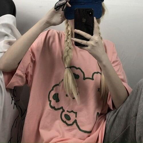 Summer Women Short Sleeve Loose Sweet Cute Cartoon Print T-shirt Japanese Harajuku O-neck Tops Tees Punk Girls Chic Streetwear