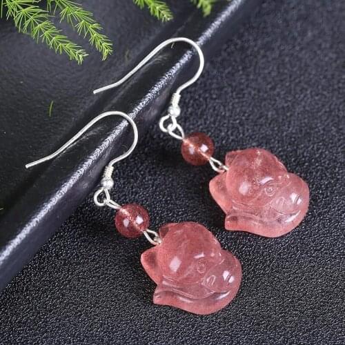 Strawberry quartz red carved fox+ s925 hook nature earrings wholesale for women xmas gift
