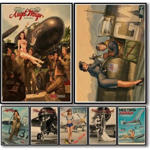 22 Designs Pin-up Wings Retro Fighter Kraftpaper Poster Angel Wings Artwork Fancy Wall Sticker for Coffee House Bar