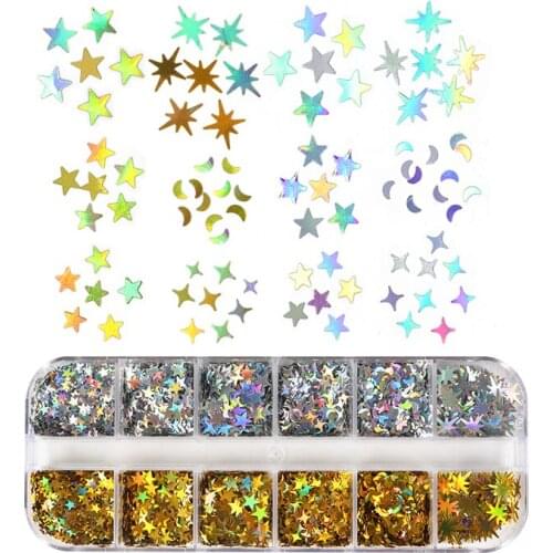 Nail Laser Star Moon Shape Glitter Sequins Gold Silver Holographic Sparkly Flake For DIY Decorations Nails Accessoires RK140147