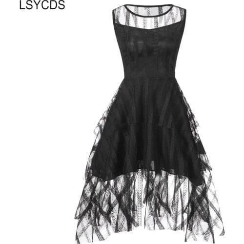 LSYCDS Elegant Lace Dresses 2020 New Layered Mesh Asymmetrical Hem Sleeveless Pink Ladies Midi Dresses Women Party Dress Black