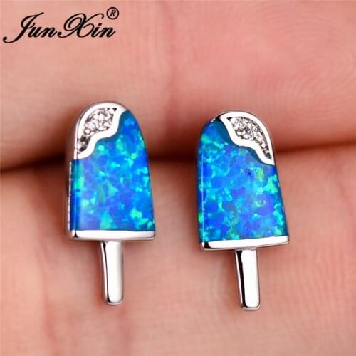 JUNXIN Cute Ice-Cream Stud Earrings For Women White Gold Rose Gold Filled Girl Small Beach White Blue Fire Opal Earrings Wedding