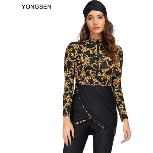 YONGSEN Muslim Swimwear Women 3pcs Islamic Burkinis Wear Bathing Suit Modest Patchwork Hijab Sport Long Sleeves Sport Swimsuit