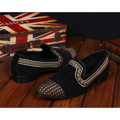 New Korean Style Gold Thread Embroidery Men Velvet Shoes Luxury Slip On Black Vintage Men Loafers Male Wedding Party Dress Shoes
