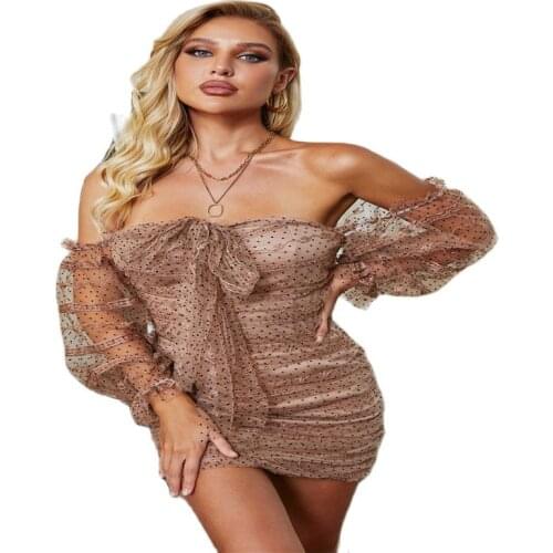 2021 New Fashion European And American Autumn And Winter New Style One-Shoulder Slim Double-Layer Mesh Dress