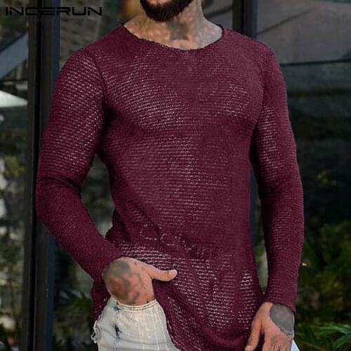 2021 New Men Sexy Leisure Shirts Mesh Hollow-out INCERUN Summer Casual knitted Round Neck Solid Color Long-sleeved T-shirt S-5XL