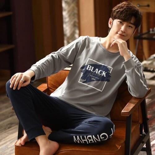 PURECotton Beam Wrist Pullover Long Sleeve Trousers Pajama Boy Man Winter Jammies O-Neck Casual Sleepwear Nightwear Pyjamas hde