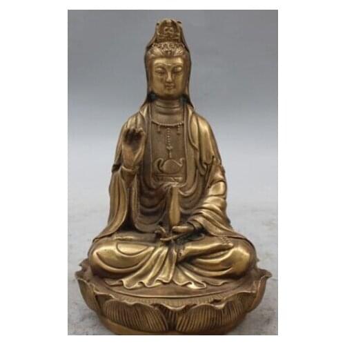 8" Marked Chinese Bronze Seat Lotus Kwan-yin Bodhisattva Goddess Vase Statue