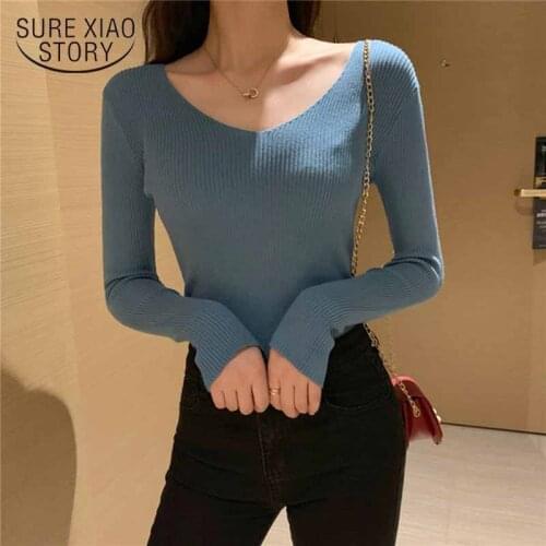 Womens Knitted Sweater Autumn Winter V-Neck Sweater Women Pullovers Solid Slim Jumper Long Sleeve Korean Pull Femme 10818