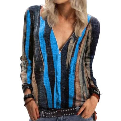 2020 Women Fashion Clothing Autumn and Winter New Style Tie-dye Stripe Printing Casual Long-sleeved T-shirt V-neck Zipper Top