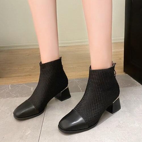 2021 Slip-On Knittins Sock Boots Women Autumn Ankle Boots for Women Platform Botas Mujer Thick Mid Heels Leather Womens Boots