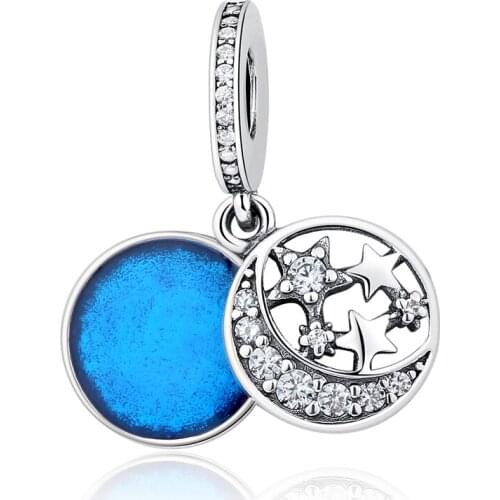 Free Shipping Authentic 925 Sterling Silver Moon & Blue Sky Dangle Charm Fit Original Pandora Bracelet For Women DIY Jewelry