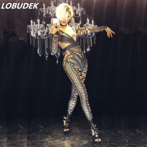 Female costume Novelty Rompers costume Shining stone black crystal Sexy jumpsuit stage wear Diamond star performance party